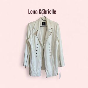 Lena Gabrielle Women’s Sz16 White Vegan Leather Long Trench Coat Silver Studs